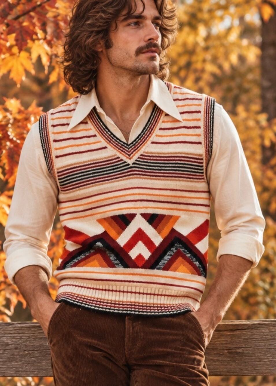 Colageman Vintage Geometric Striped Sweater Vest Large Retro 70s fall M